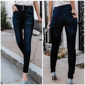 High Rise Button Front Skinny Jeans in dark wash!.